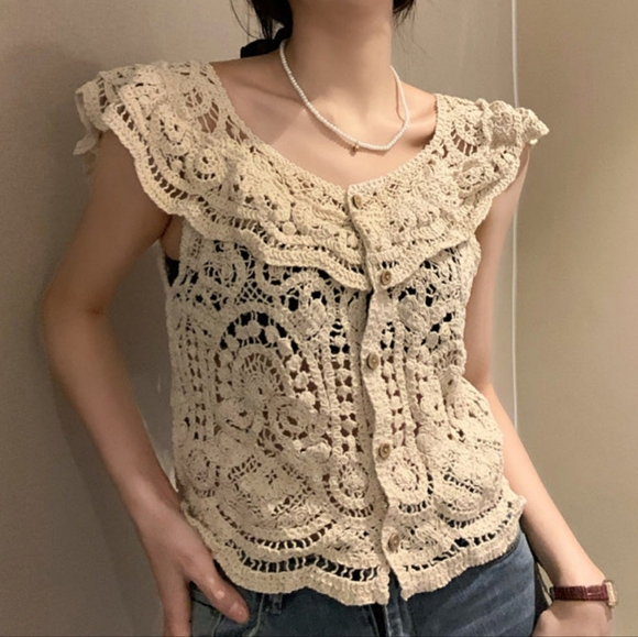 Universal Thread Sweaters - NWT Universal Thread Crochet Knit French Sleeve Ruffle Collar Cardigan, L